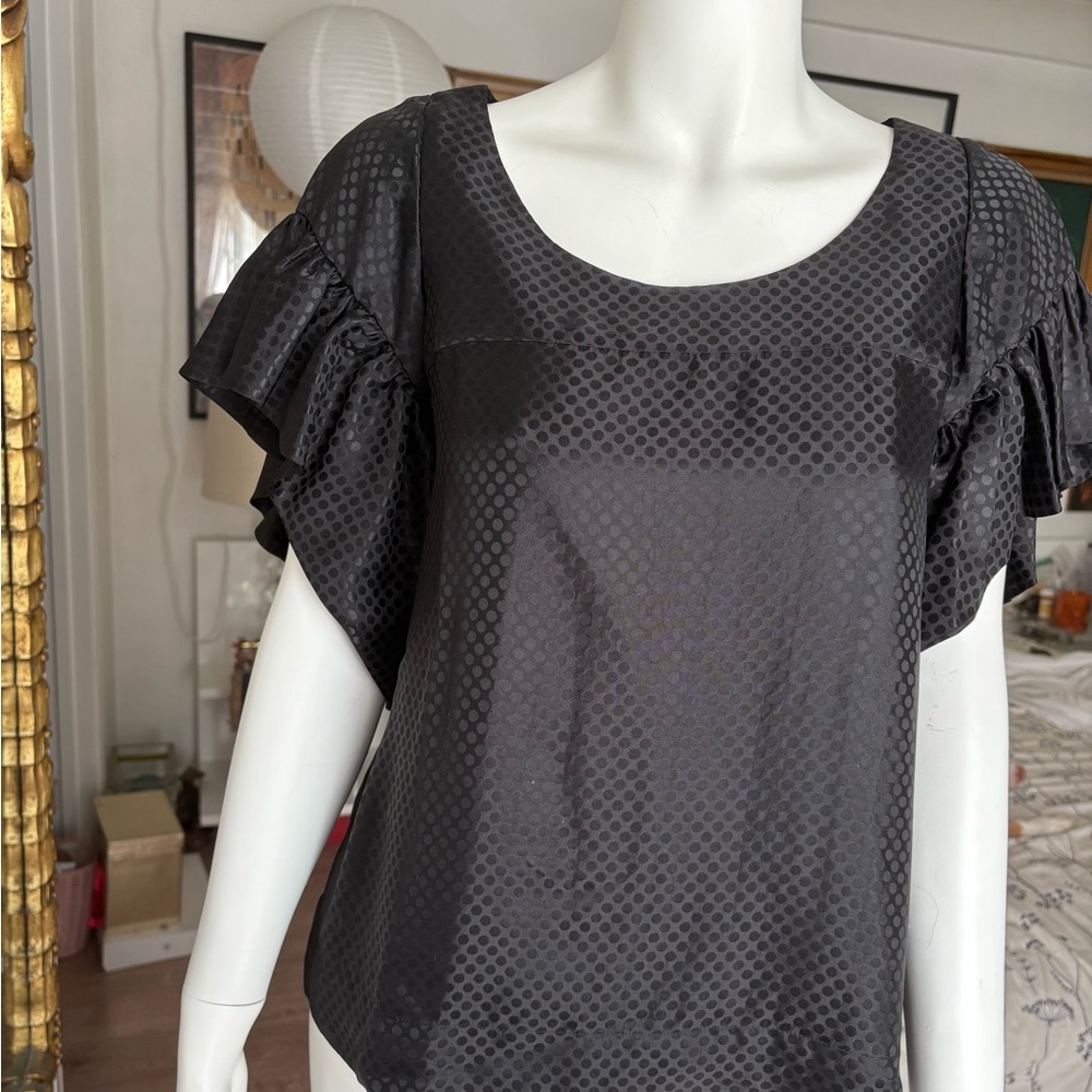 Club Monaco Black Textured Blouse with Ruffle Sleeves